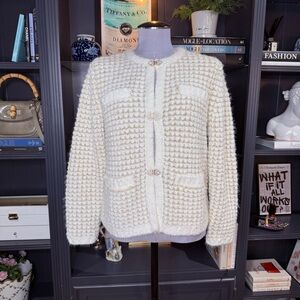 Talbots Cream Bouclé Knit Cardigan with Gold Buttons – Size M